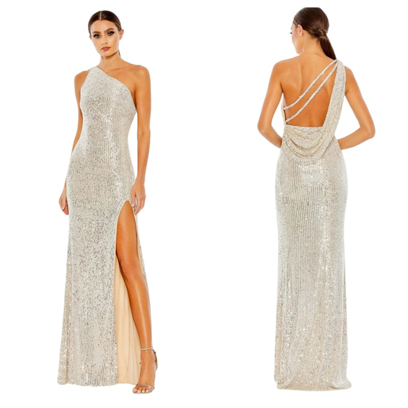 Mac Duggal One-shoulder Sequined Sheath Dress Sz 8 Silver
